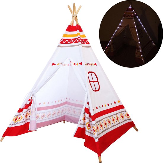 Tente tipi Sunny LED rouge/blanche - 60 LED - piquets en bois certifiés FSC - 120 x 120 x 160 cm