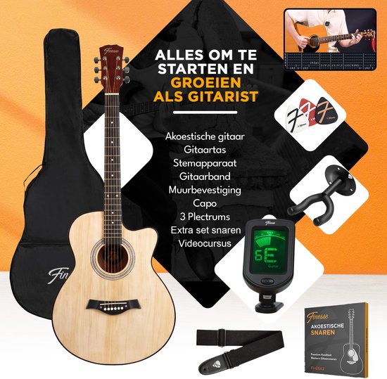 Guitare acoustique Finesse - avec cours vidéo - 4/4 40" - Guitare western - Guitare pour enfants et adultes - Naturel