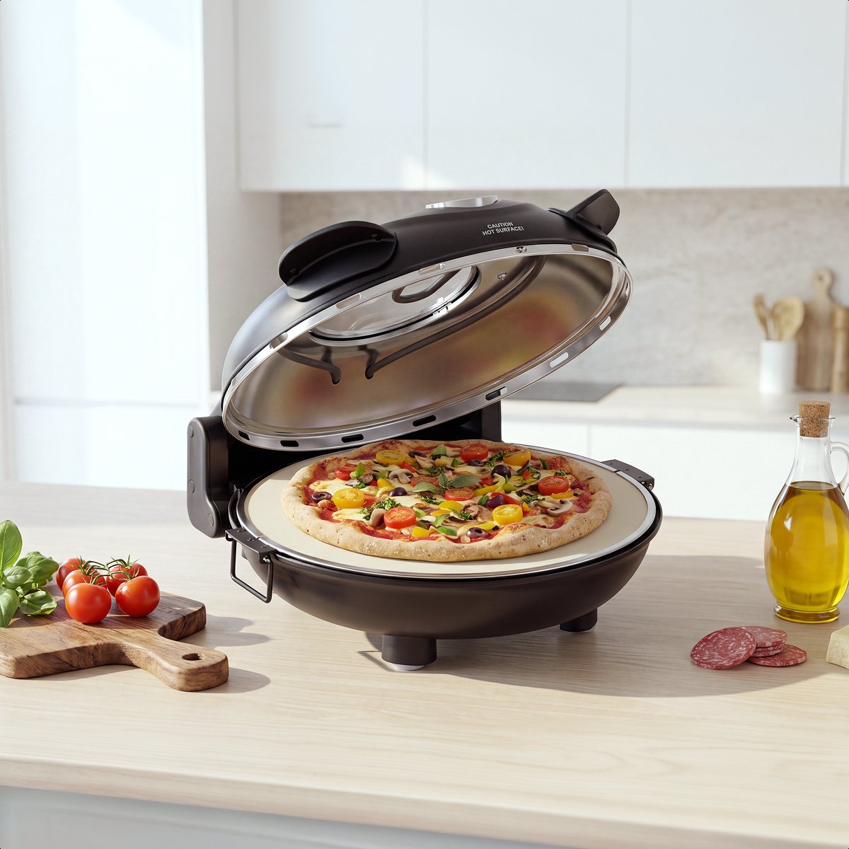 Four à pizza électrique MOA - Jusqu'à 400 °C - Pierre à pizza de 30,5 cm - Chaleur supérieure et inférieure réglable - 2 pelles en bambou incluses - Noir