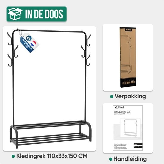 Avalo Rack à vêtements industriel - Métal - 110x33x150 CM - Noir - Rangement pour chaussures - Rack à vêtements avec crochets