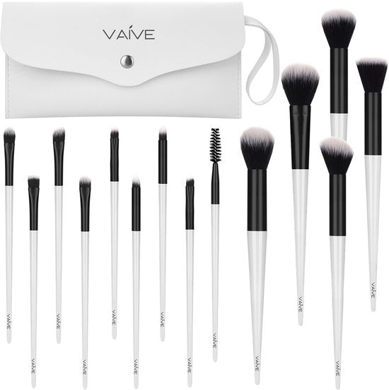 Ensemble de pinceaux de maquillage Vaive, 15 pièces - Pinceaux vegan - Pinceaux pour fond de teint, ombre à paupières, blush, kabuki et poudre bronzante - avec trousse - Blanc