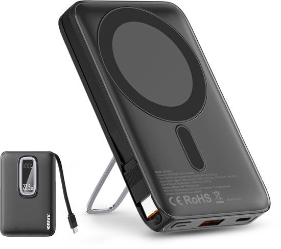 Batterie externe 10 000 mAh compatible MagSafe avec câble USB-C - Conception 3 en 1 - Batterie externe sans fil 22,5 W - Câble de recharge 60 W inclus - Fonction de recharge rapide - USB et USB-C - Noir