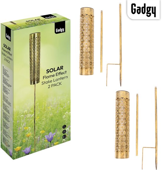 Éclairage de jardin Gadgy Solar – 2 lampadaires avec effet de flamme vacillante – Métal doré – Lampes d'ambiance LED à énergie solaire – Pour l'extérieur – Résistantes aux intempéries – Hauteur : 98 cm – Piquet de sol