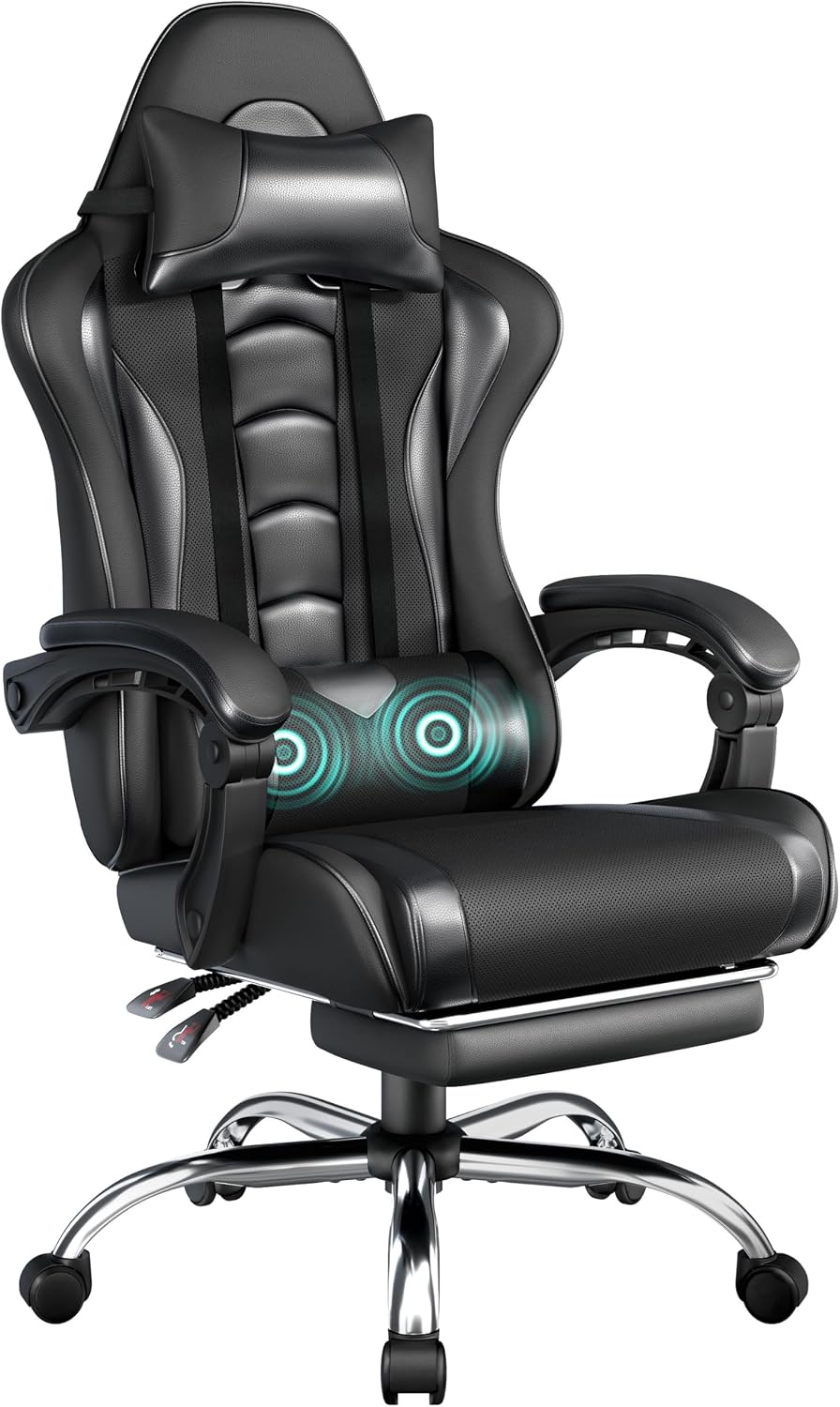 Fauteuil gaming Yaheetech avec fonction massage et repose-pieds - noir