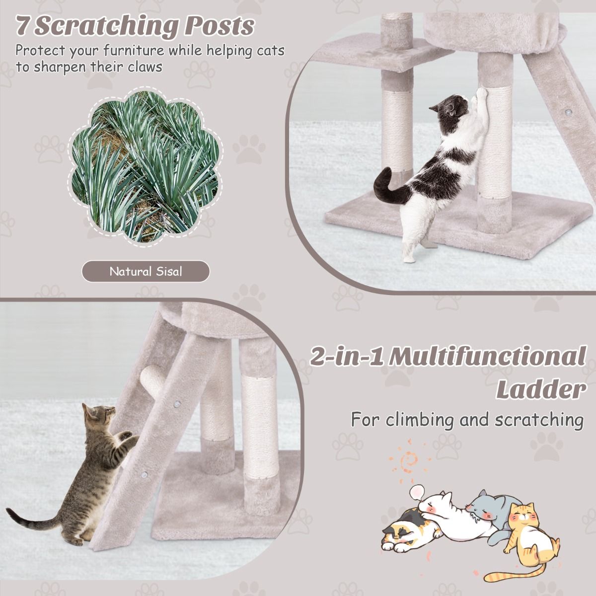 Arbre à chat Coast - 6 étages - poteaux en sisal et revêtement en peluche - beige - 93 x 36 x 140 cm