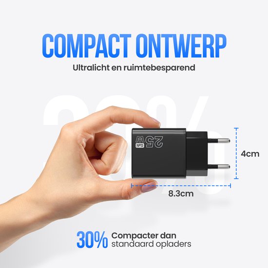 Strex USB-C & USB-A Fast Charger 25W - Chargeur GaN avec PD 3.0 & QC 3.0 - Câble USB-C inclus - Noir