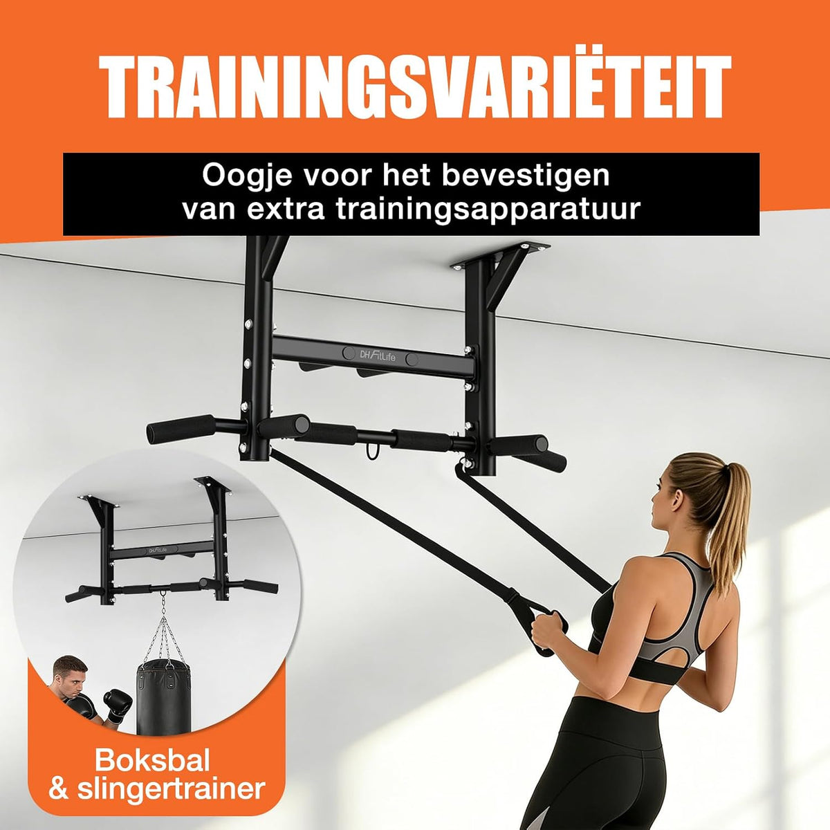 Barre de traction de plafond DH FitLife 4-en-1 - 8 prises - Jusqu'à 300 kg - 44,5 x 25,5 cm - Noir