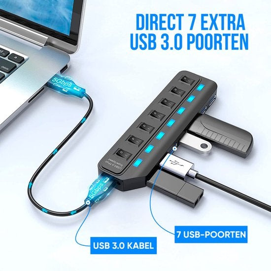 Strex USB 3.0 Hub - Répartiteur USB - 7 ports - 5Gbps - Indication LED - Interrupteur marche/arrêt - Câble 100CM