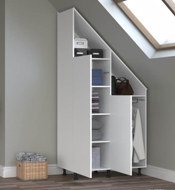 Armoire VDD pour mur en pente - 182 x 47 x 91 cm - Blanche - Portes coulissantes - 2 étagères - Tringle à vêtements