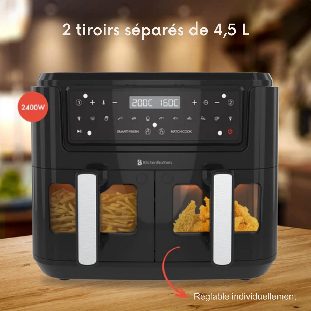 Double Airfryer XXL - KitchenBrothers - Friteuse - 2 x 4,5L - 2400W - Noir