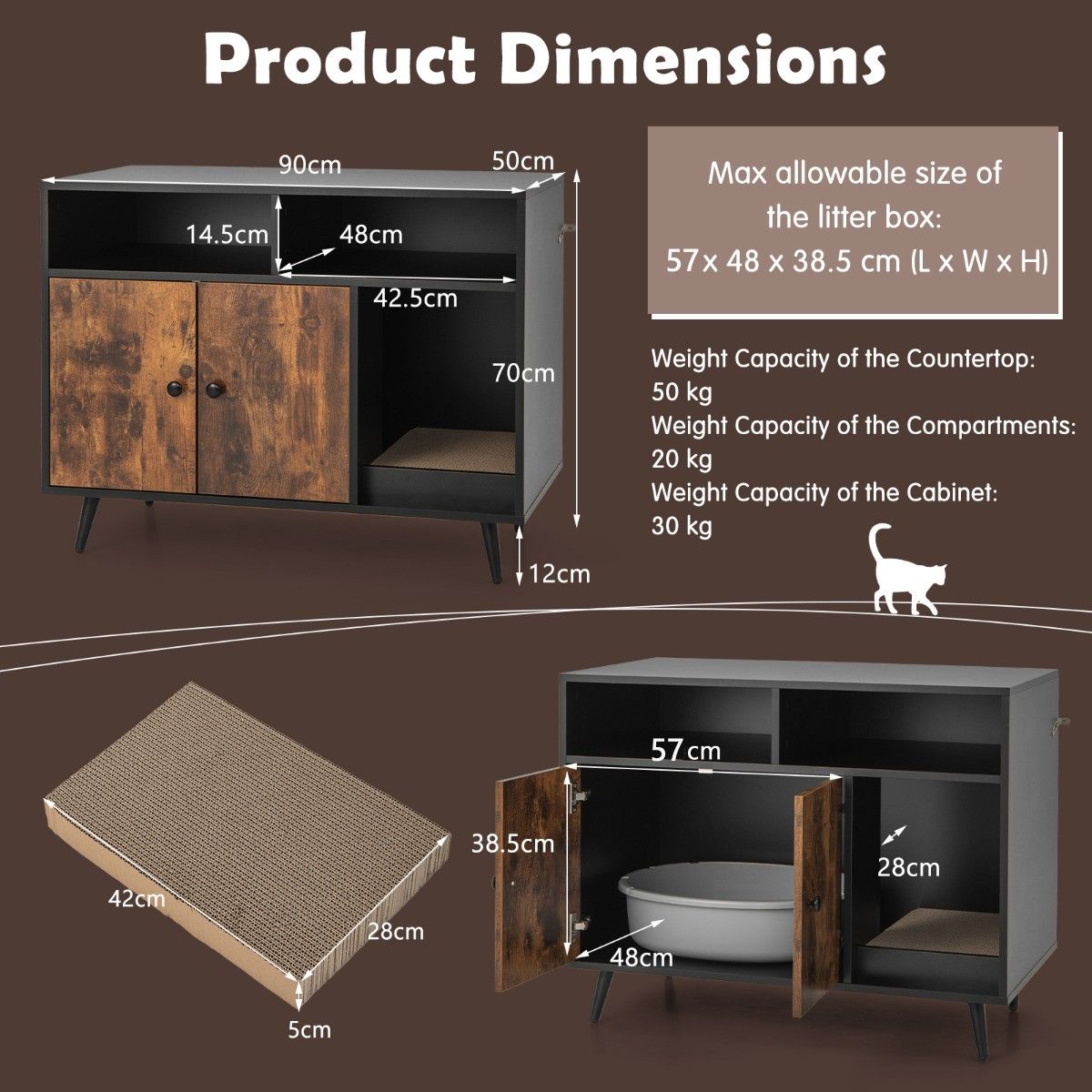 Meuble pour litière Coast avec arbre à chat - meuble de rangement avec dispositif anti-basculement - noir et marron - 90 x 50 x 70 cm