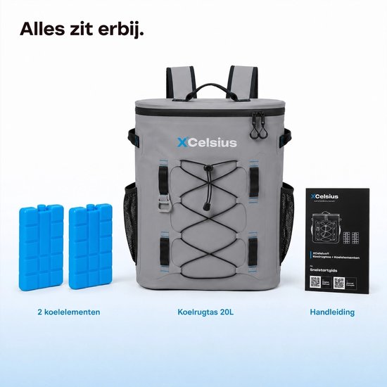 Sac à dos isotherme XCelsius® 20 litres – Sac à dos isotherme avec 2 blocs réfrigérants et un décapsuleur – Au moins 24 heures de fraîcheur – 100 % étanche – Sac à dos isotherme pour la plage, les festivals, le bateau et le camping – Gris