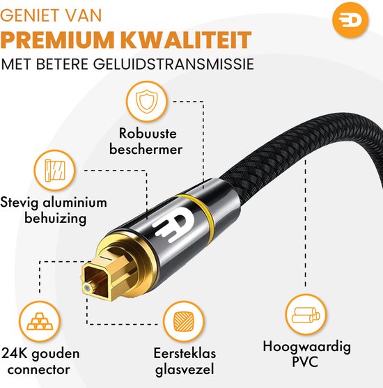 Drivv. Câble optique Toslink Premium en nylon - Câble audio optique - Câble audio optique - Barre de son - Mâle-mâle - 10 mètres - Argent