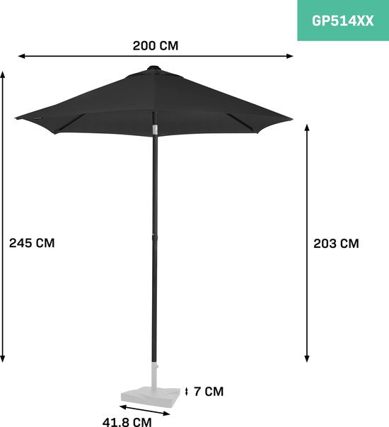 VONROC Premium Parasol Torbole - Ø200cm - Parasol à manche durable - Tissu résistant aux UV - Anthracite/Noir - Housse de protection incluse