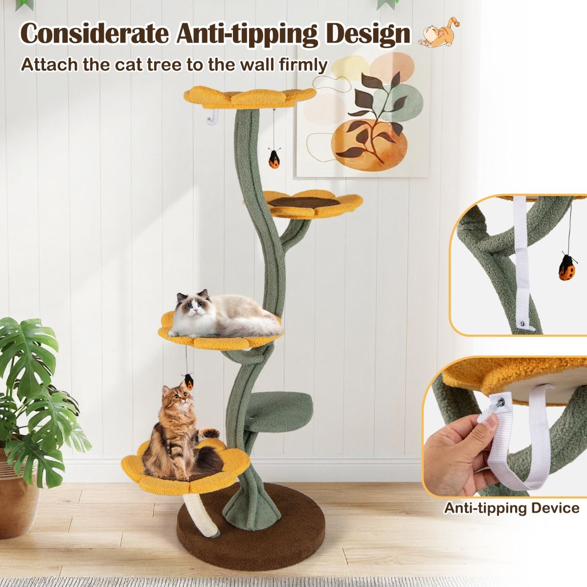 Arbre à chat Coast - motif tournesol - 5 plateformes - jaune, marron et vert - 175 cm