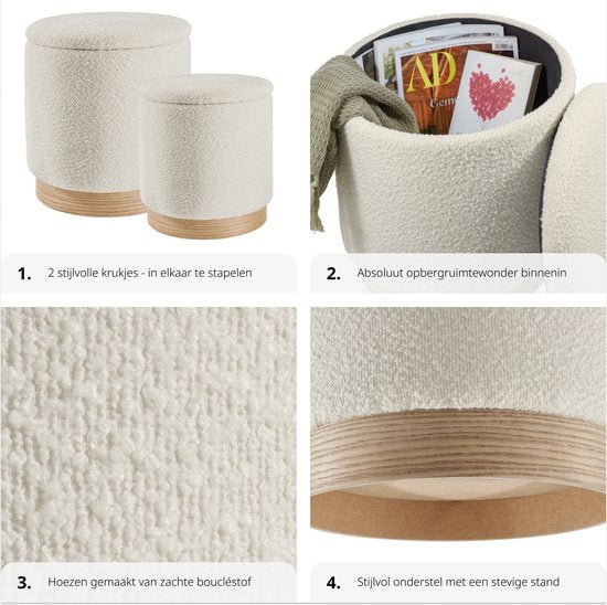 tectake® - Lot de 2 tabourets avec rangement - tissu bouclé teddy - Scandi - Tabouret rembourré rond - Pour table de maquillage, chambre, salon - 2 tailles (38 et 32cm)