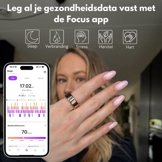 Focus® S2 Smart Ring - Or - Taille 6 - AI Coach - Fréquence cardiaque - Cycle menstruel - Moniteur de sommeil - Score de récupération - Smart Ring - Performance sportive - Podomètre - IP68 Waterproof - Mesure de l'O2 - Femmes - Hommes - Wearables - Etui d