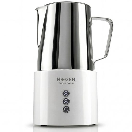 Mousseur à lait électrique Haeger Super Foam - Sans BPA ni PFAS - Fonction de maintien au chaud et revêtement antiadhésif - 250 ml - 600 W - Mousseur à lait pratique - Batteur à lait - Blanc