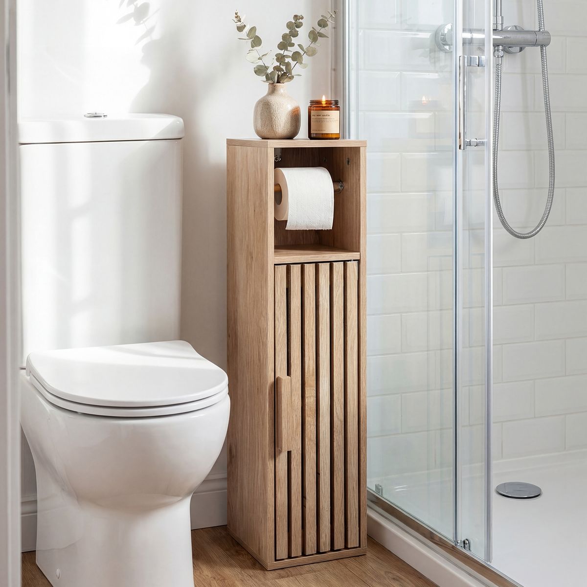 Armoire de salle de bains Coast Smalle - porte-papier toilette - étagère réglable - couleur naturelle 20 x 19 x 78 cm
