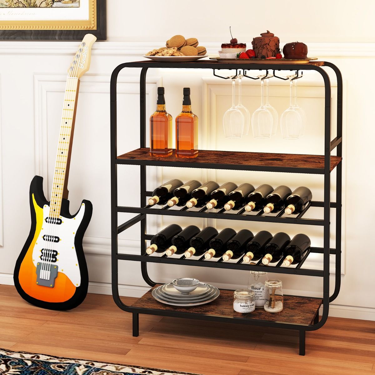 Étagère à vin Coast - cinq étages - porte-verres et plateau - noir et marron rustique - 91 x 35 x 117 cm