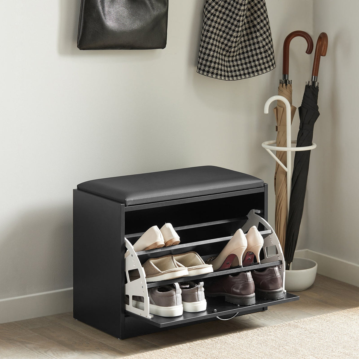 SoBuy FSR16-SCH Banc à chaussures avec siège - 1 abattant - 60 x 30 x 47 cm - Noir