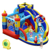 Château gonflable Costway avec soufflerie de 550 W, parc aquatique 6 en 1, comprenant un toboggan, une piscine et un canon à eau