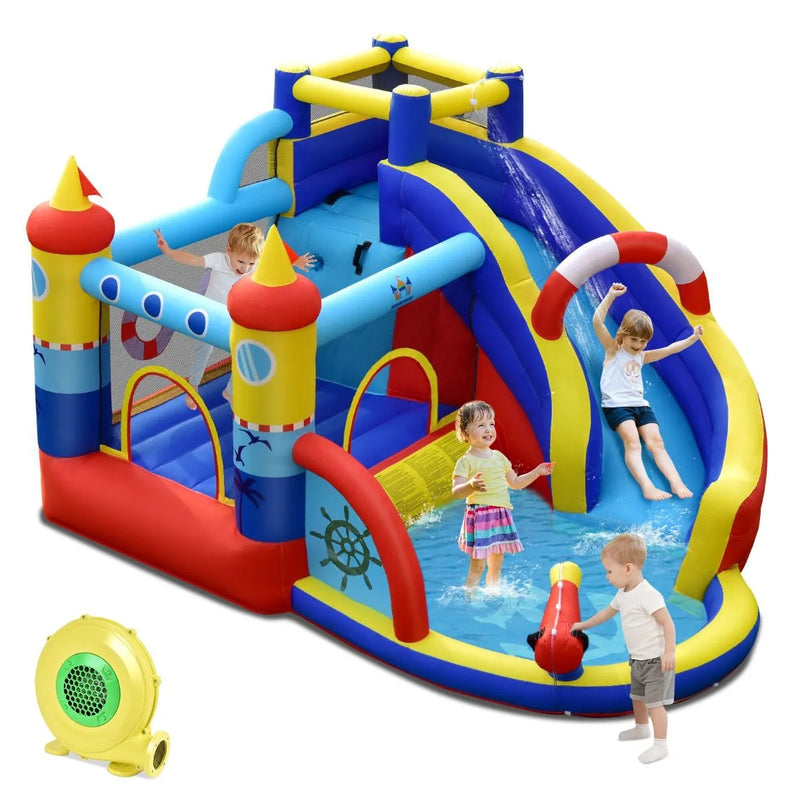 Château gonflable Costway avec soufflerie de 550 W, parc aquatique 6 en 1, comprenant un toboggan, une piscine et un canon à eau