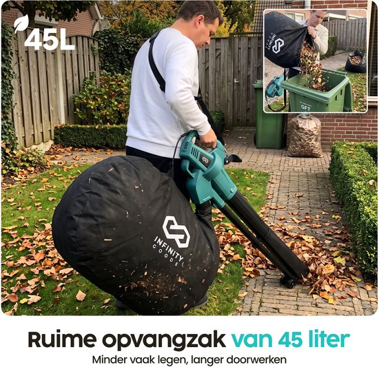 Souffleur et aspirateur électrique Infinity Goods - 3 500 W - Fonction de broyage - Sac de ramassage de 45 L - Avec fil - Vitesse de l'air de 280 km/h