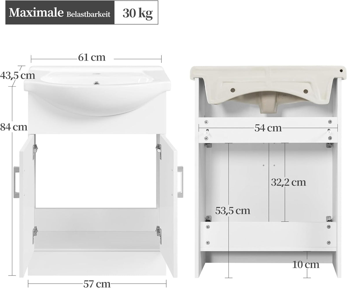 Meuble de salle de bains Yaheetech avec lavabo - Blanc brillant - 61 x 43,5 x 84 cm - Meuble indépendant, lavabo en céramique