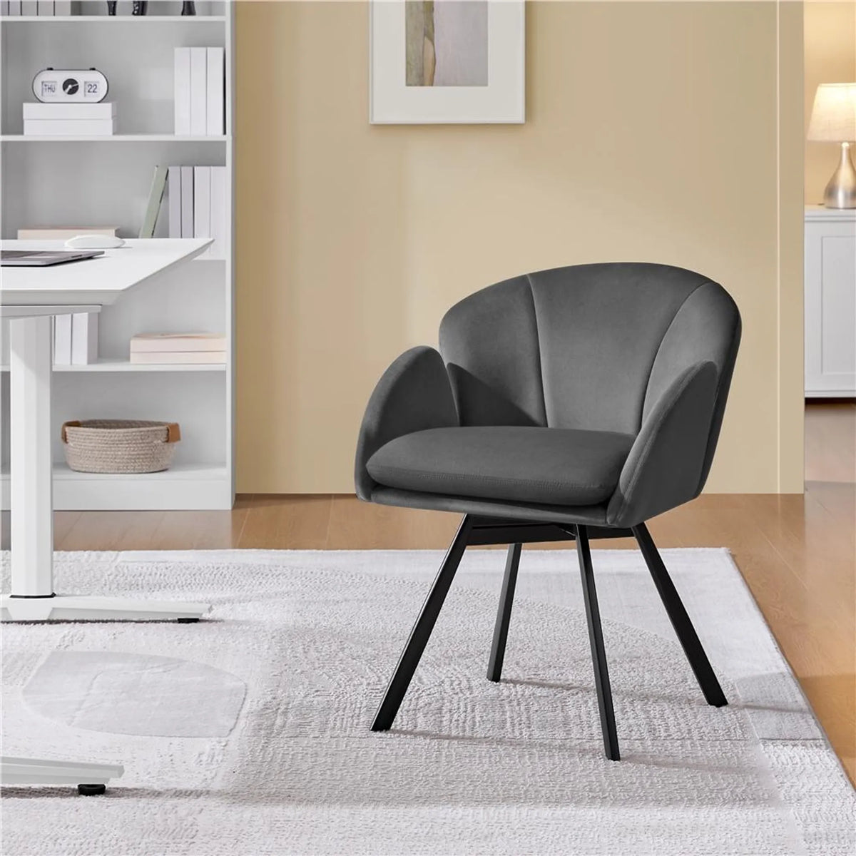 Yaheetech Swivel Chair Floral - Mécanisme de pivotement à 360°, coussin d'assise amovible et base en métal en forme de X - Pour chambre à coucher et bureau à domicile - Bouclé noir et métal - 57 x 61 x 75 cm
