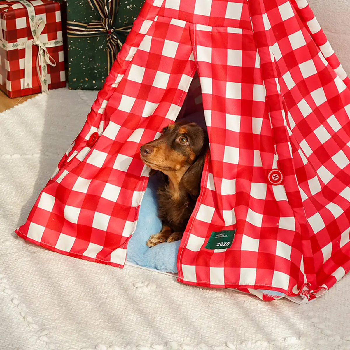 Tente pour animaux de compagnie Zeze avec bonnet de Noël - à carreaux rouges et blancs - 60 × 60 × 78 cm