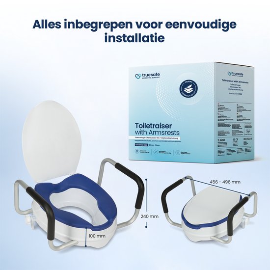 Rehausseur de WC Truesafe 10 cm - Taille universelle - Avec accoudoir et couvercle - Siège de WC surélevé - Coussin d'assise ergonomique - Rehausseur pour adultes et seniors