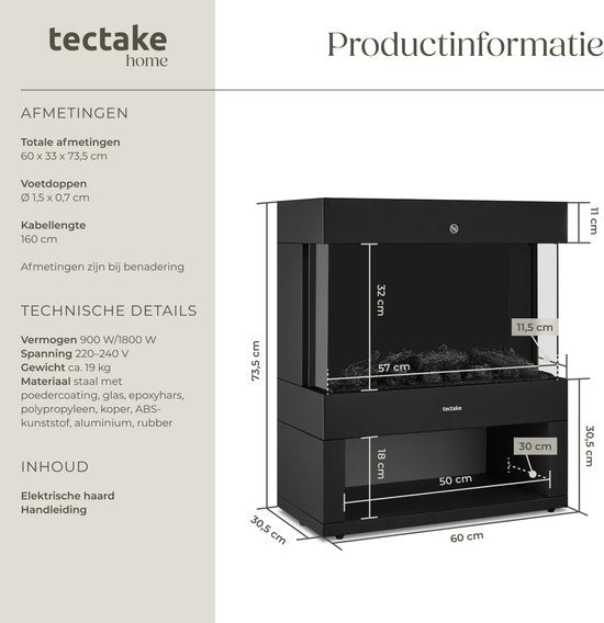 tectake® Electric Fireplace - Atmosphere Fireplace - 900W & 1800W - Freestanding - Stove - with Heating - Fireplaces - with Wood and Glow Effects - 3D Flames - Timer