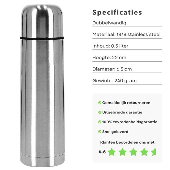 Bouteille isotherme - Tasse isotherme - Pichet isotherme - Pichet à double paroi - 0,5 litre - Acier inoxydable - Pour boissons chaudes et froides - E-book inclus