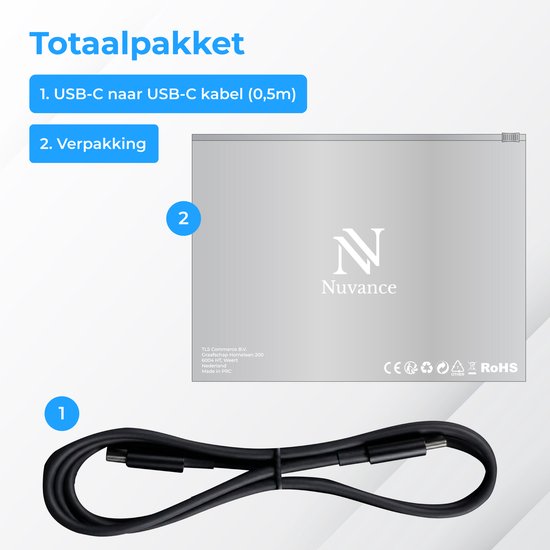 Câble USB-C Nuvance - 100 W - USB-C vers USB-C - 0,5 mètre - Câbles USB-C - Chargeur rapide - Transfert de données à 480 Mb/ps - Chargeur USB-C - Noir