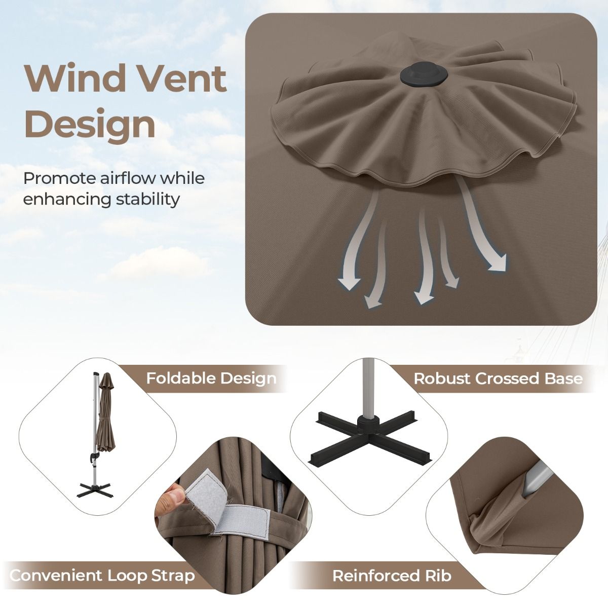 Parasol suspendu Coast - Rotation à 360° - Inclinaison réglable - Marron/Beige - 339 x 260 cm