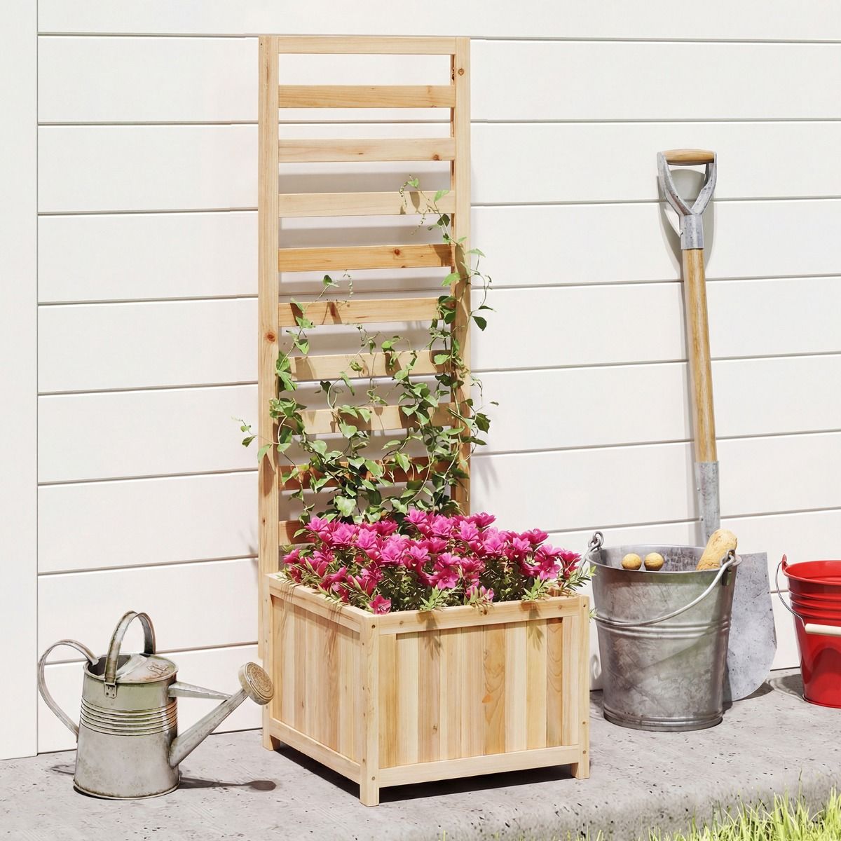 Jardinière surélevée en bois Coast avec treillis d'escalade - avec trous de drainage - panneaux réglables - couleur naturelle - 123 cm