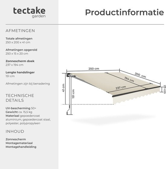 tectake® Sunshade with Articulated Arm - 250 x 200 cm - Store - Protection solaire pour fenêtre, balcon, extérieur - Fixation murale - Résistant à l'eau et aux UV - Beige