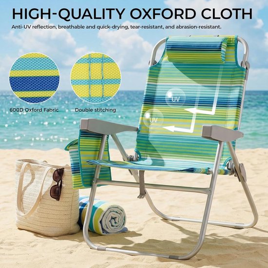 Lot de 2 chaises de plage de luxe - Réglables (5 positions) - Pliables avec sangles de sac à dos, sac isotherme et porte-serviettes - Rayures vertes et bleues