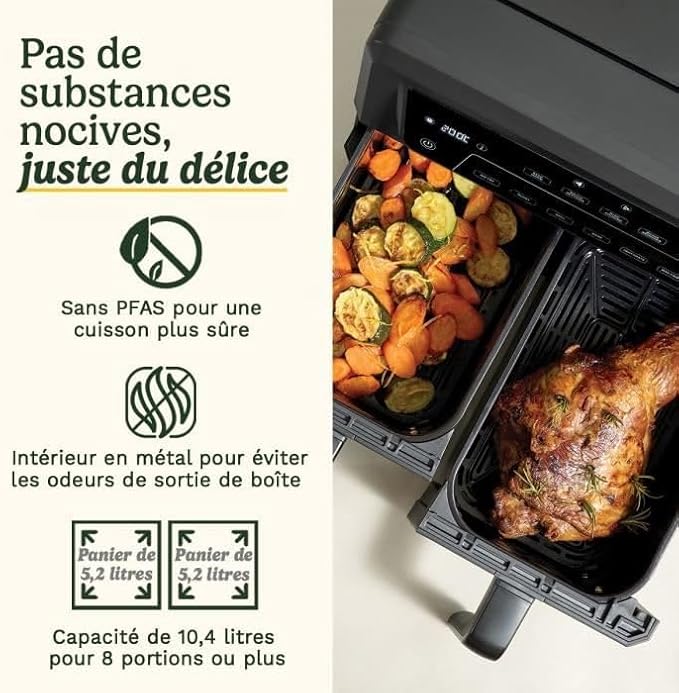 Friteuse à air chaud Cuisinart XXL 10,4 L – Double bac 2 x 5,2 L – 2 400 W – Sans PFAS