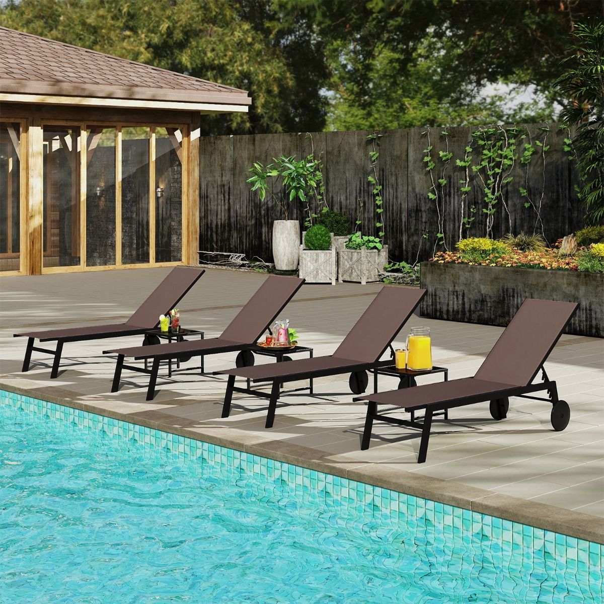 Chaise longue de jardin Coast avec table d'appoint - dossier réglable sur 6 positions - roulettes - marron