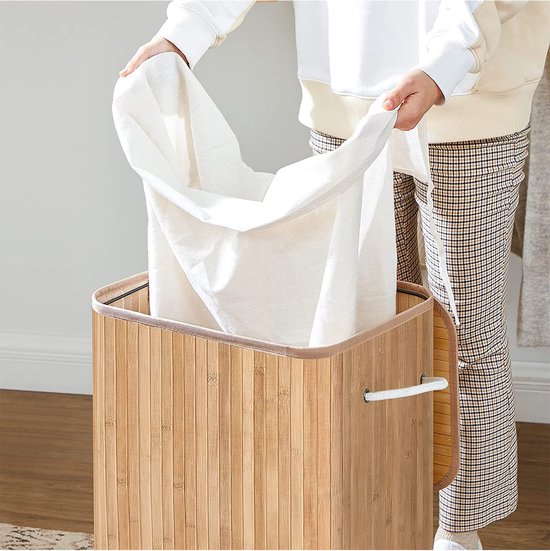 Songmics XL 72 litres - Grand panier à linge pliable - bambou - doublure lavable - 40 x 30 x 60 cm