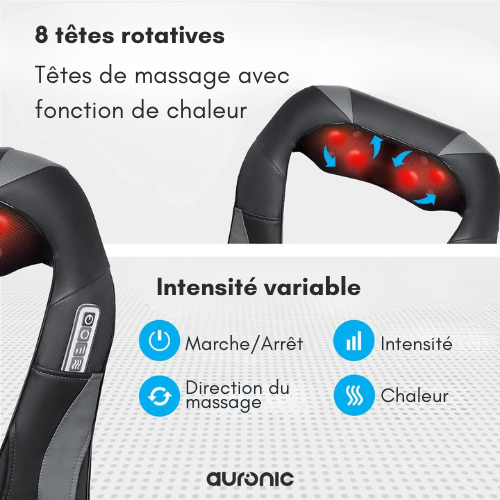Auronic Coussin de Massage Shiatsu - Appareil électrique - Cou et épaules - Fonction chaleur avec infrarouge - Noir