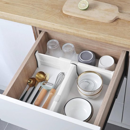 Posity Séparateur de tiroirs - ajustable et extensible - 4 pièces - Organisateur de tiroirs - 28-43.5 cm - Pour la cuisine, la chambre à coucher et les vêtements - Plastique - Blanc