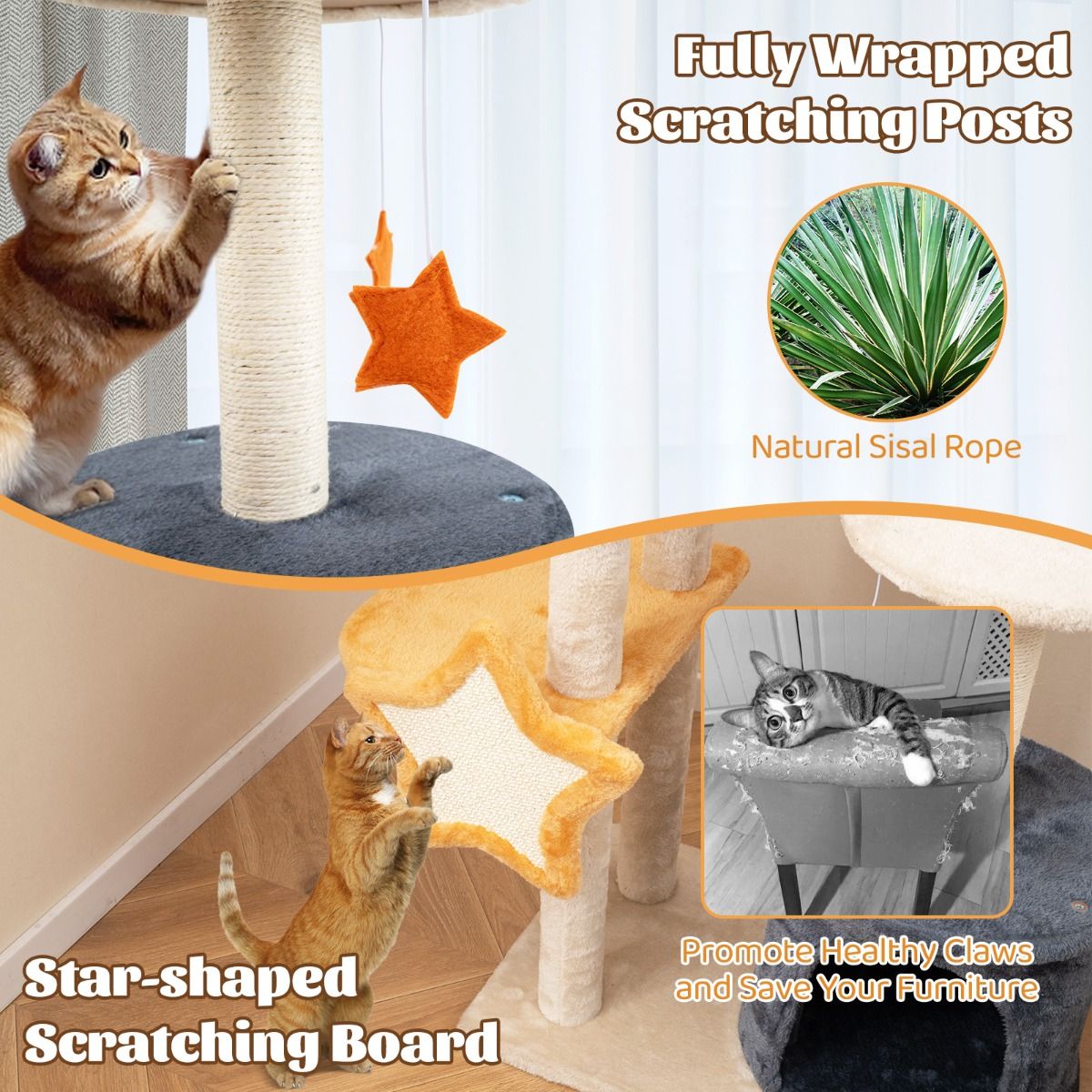 Arbre à chat Coast - 128 cm - Plusieurs étages - Poteaux à griffer en sisal - Beige et gris
