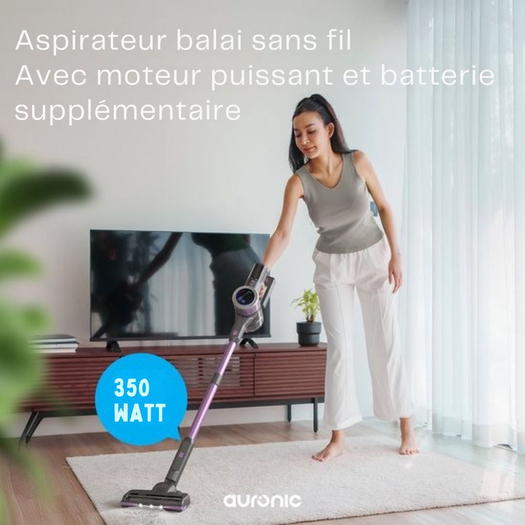 Aspirateur sans fil - Auronic - Sans sac - Sur batterie - Autonome - 350W - Batterie supplémentaire - Gris/Pourpre