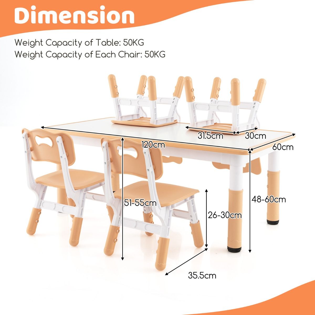 Ensemble Coast : table pour enfants et 4 chaises - Réglable en hauteur - Plateau « Graffiti » - 120 x 60 cm - Vert