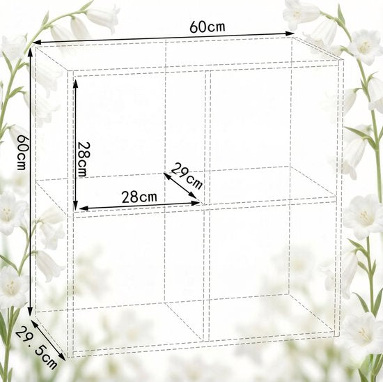 Étagère FloraGrace – Étagère ouverte à 4 compartiments – 59,6 x 59,8 x 29,5 cm – Bois – Blanc – Meuble de rangement sur pied pour le salon ou le bureau