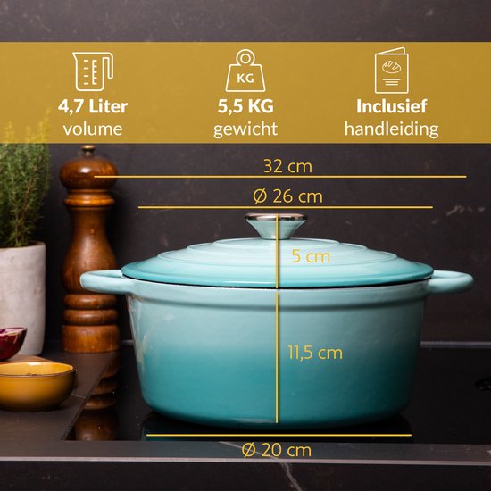 Casserole en fonte Chefarone 4,7 L - Sans PFAS - Casserole avec couvercle - Compatible avec toutes les sources de chaleur - Émaillée bleue