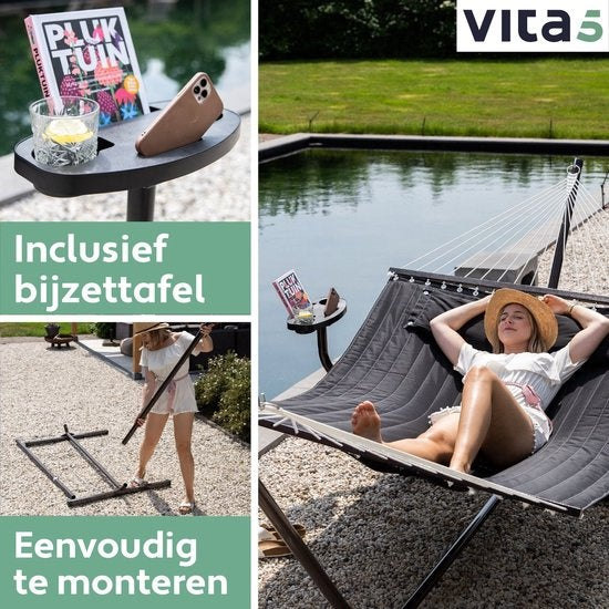 Vita5 Hangmat met Standaard en Spreidstok – 2 Persoons - Incl. Bekerhouder en Afneembaar kussen – UV-bestendig – Zwart